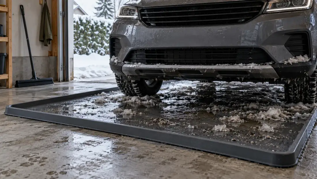 Grå slaskmatta med upphöjd kant under en parkerad bil som samlar smältvatten och snöslask