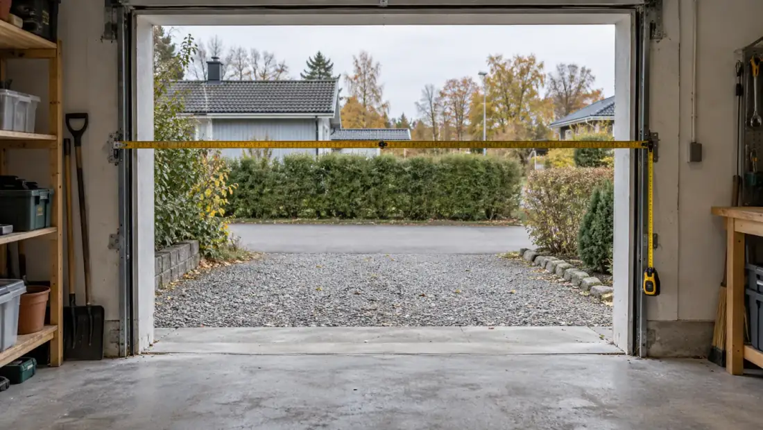 Garageöppning utan port där en tumstock mäter bredden och ett måttband hänger längs sidan