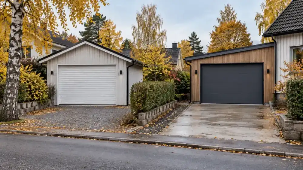 Två olika moderna garageportar på grannhusens garage längs en villagata, en vit och en mörkgrå takskjutport