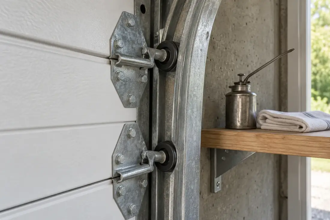 Närbild av gångjärn och rullar i skenan på en takskjutport med en liten oljekanna och en trasa bredvid