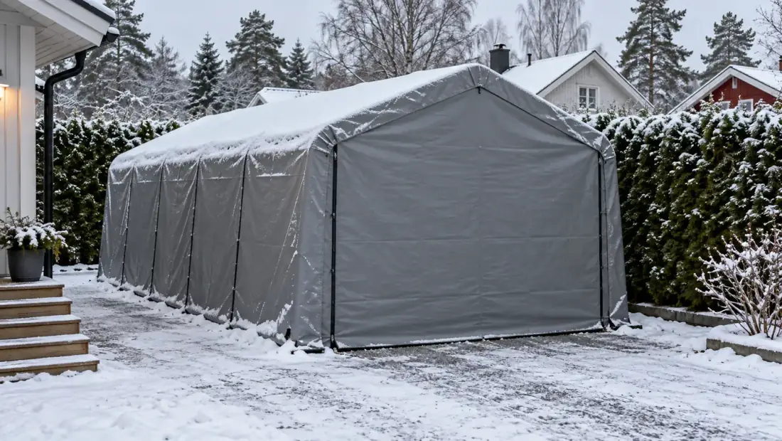 Grått garagetält på en villauppfart med ett tunt lager snö på taket och granhäck i bakgrunden