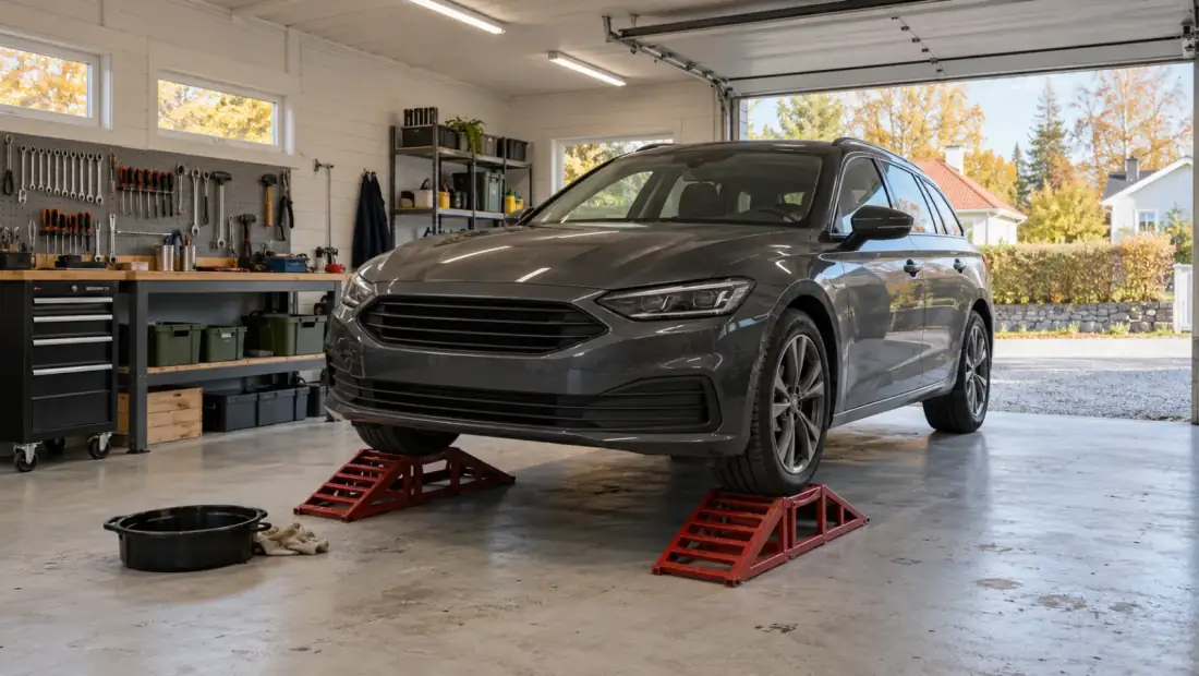 Ljust upplyst garageverkstad med en bil framför två röda bilramper, arbetsbänk med verktygstavla längs väggen och grått målat betonggolv