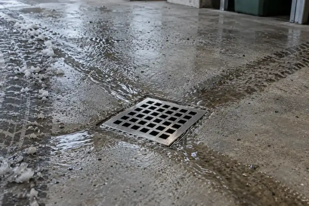 Golvbrunn med rostfritt galler i ett garagegolv av betong där smältvatten rinner mot brunnen