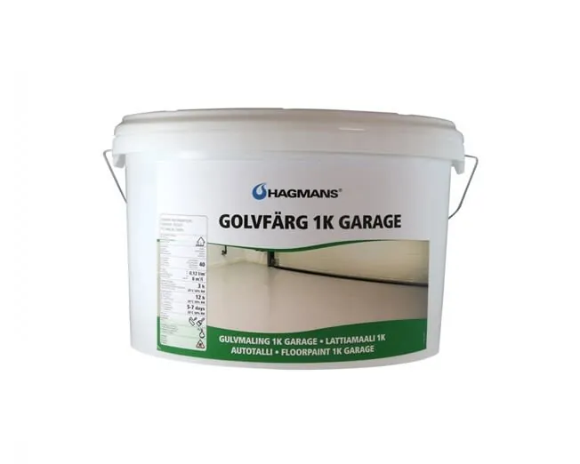 Produktbild: vit färgburk med etikett för golvfärg till garage