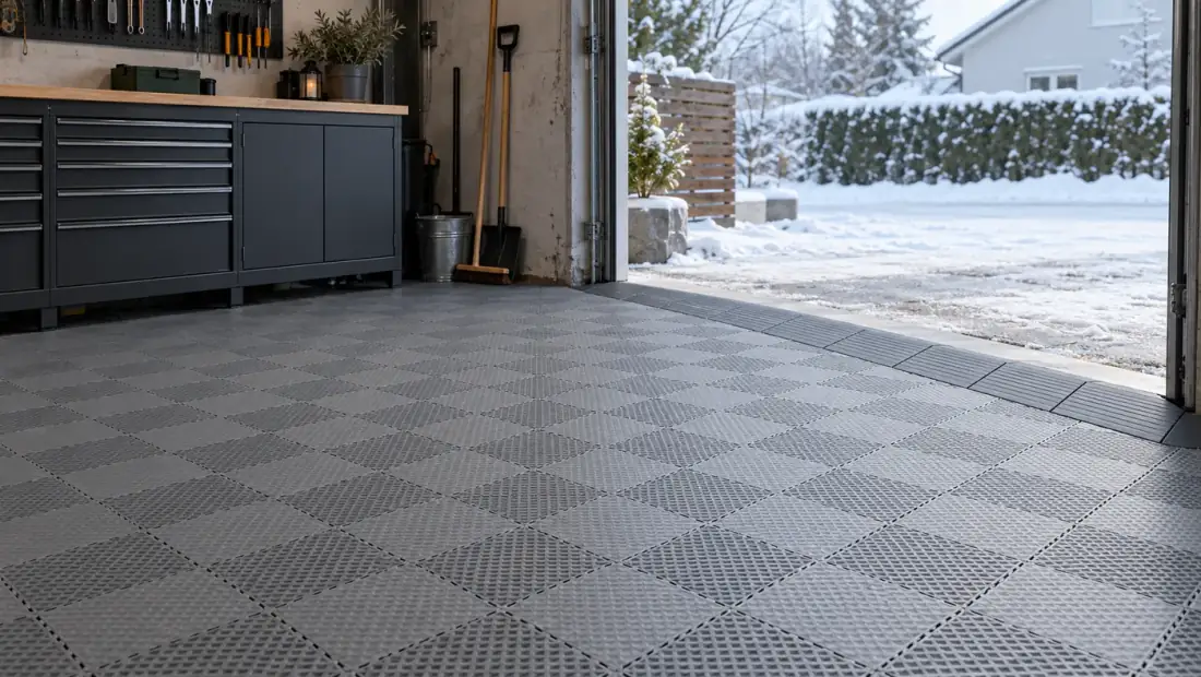 Garagegolv täckt med grå klickplattor i plast med kantramper vid portöppningen