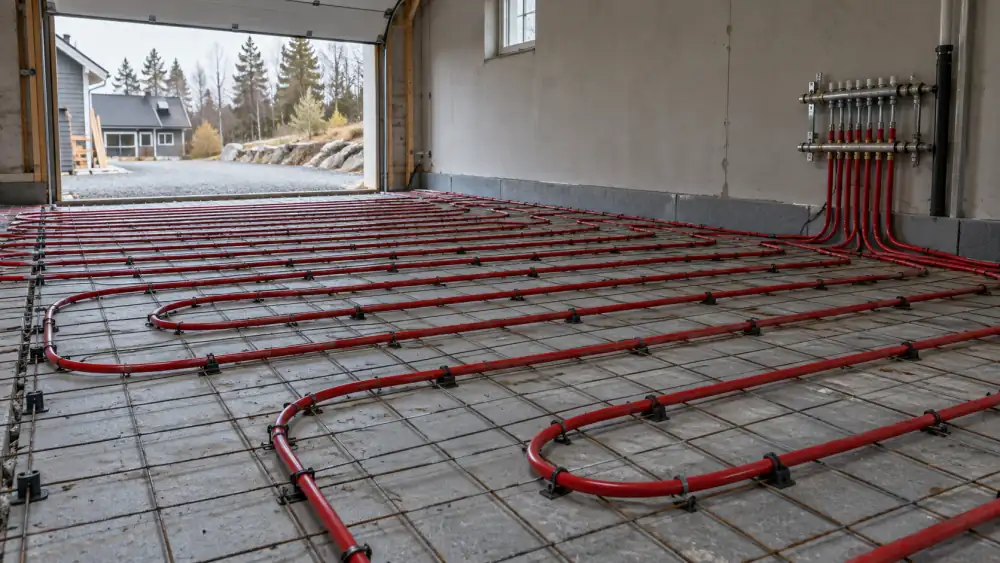 Röda golvvärmerör i slingor på grå isolerskivor med armeringsnät i ett garage innan betongen gjuts, med en fördelare på väggen
