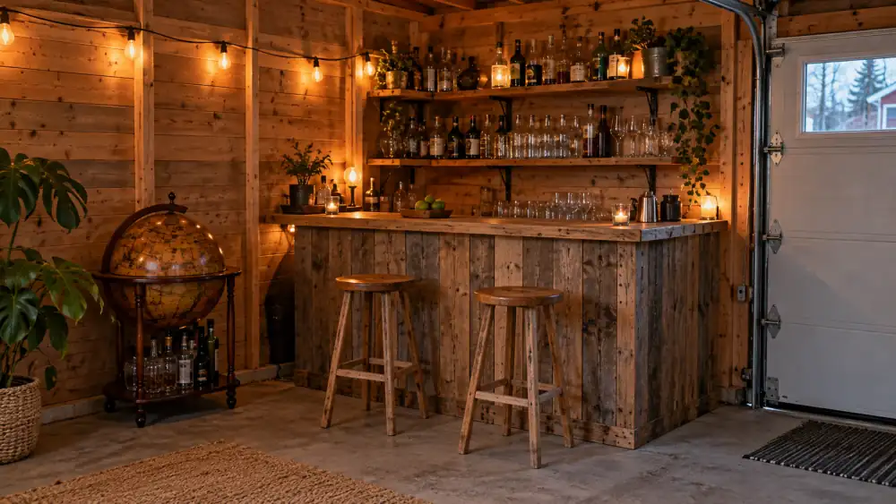 Hemmabar i hörnet av ett ombyggt garage med bardisk i plank, hyllor med flaskor och glas, en jordglobsbar och två barstolar i varmt ljus