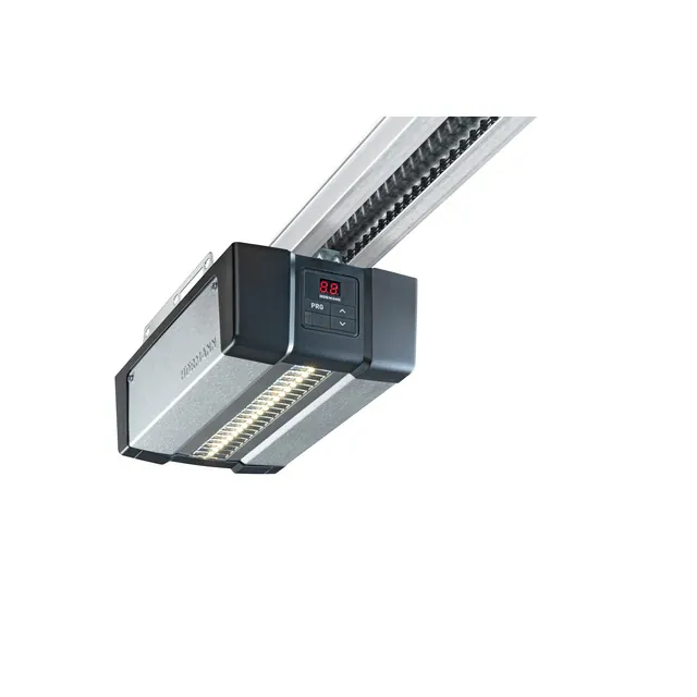 Produktbild: silverfärgad garageportsmotor med display och LED-list