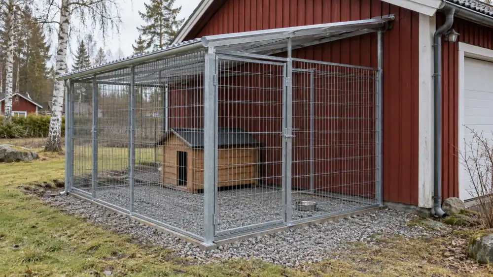 Hundgård i galvaniserat stål med tak byggd mot sidan av ett rött trägarage, med en hundkoja i trä på grus inuti