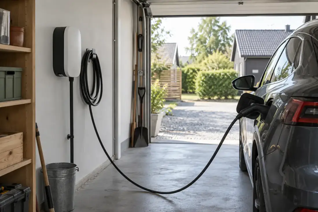Väggmonterad laddbox i ett villagarage med laddkabeln inkopplad i en elbil som står parkerad vid den öppna porten