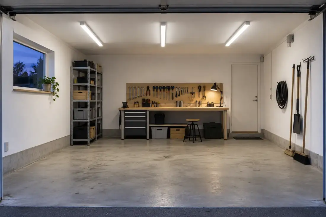 Garage med tre långa LED-armaturer i taket som lyser upp betonggolvet, arbetsbänken och hyllorna