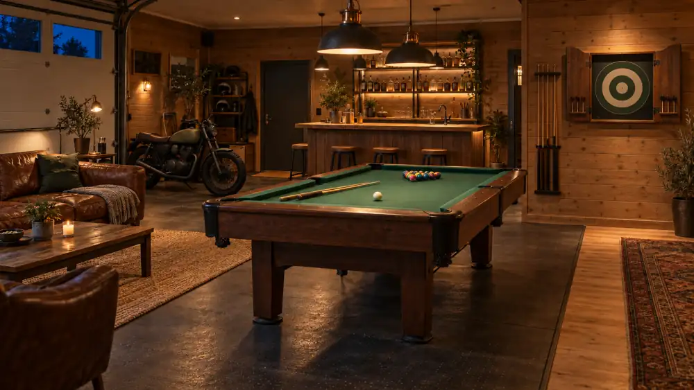 Färdig man cave i ett ombyggt villagarage med darttavla på en trävägg, biljardbord, hemmabar med barstolar, skinnsoffa och en motorcykel i hörnet