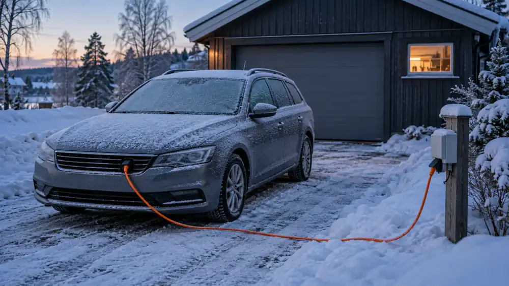 Bil på snöig uppfart framför ett garage med orange motorvärmarkabel från fronten till en uttagsstolpe med timer, frost på vindrutan