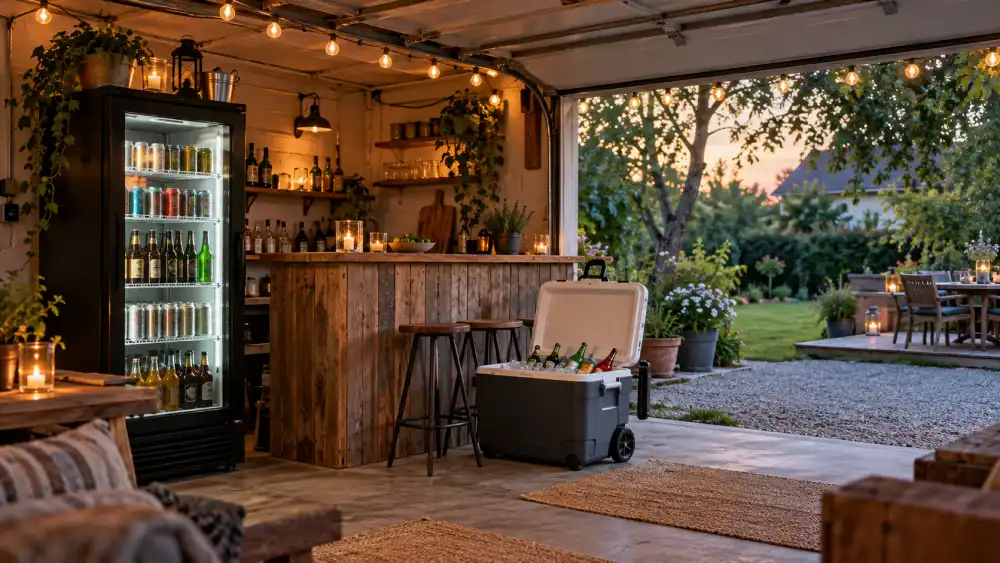 Ombyggt garage som bar med svart ölkyl med glasdörr full av burkar, en bardisk i trä och en kylbox på hjul, med garageporten öppen mot trädgården