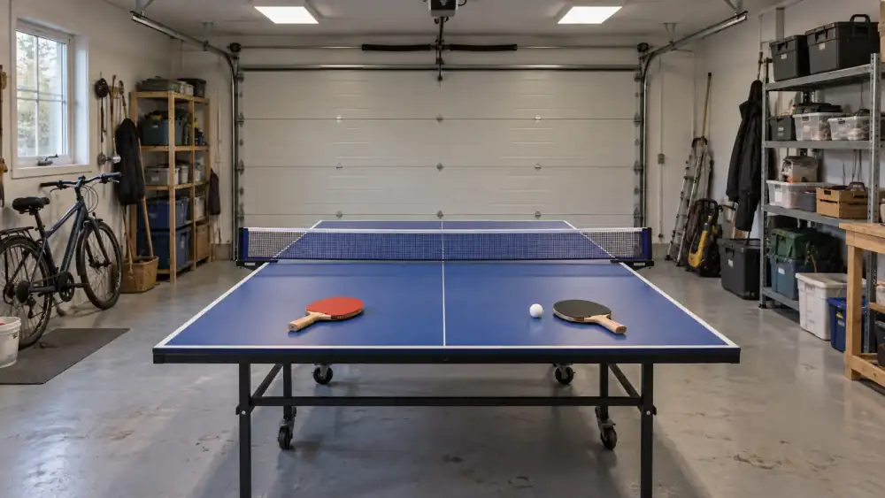 Blått pingisbord med nät, två racketar och en boll i ett tömt villagarage med grått betonggolv, cykel och hyllor längs väggarna