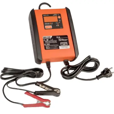 Produktbild: orange och svart batteriladdare från Bahco med kablar och klämmor