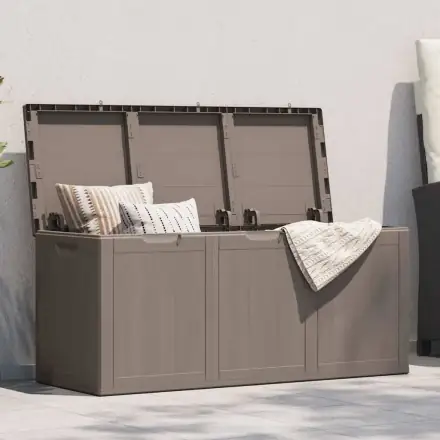 Produktbild: brun dynbox i plast med träimitation och dynor i