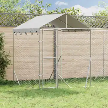 Produktbild: stor hundgård i galvaniserat stål med tak av presenning