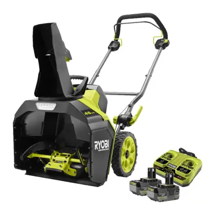 Produktbild: grön och svart batteridriven snöslunga från Ryobi med batterier