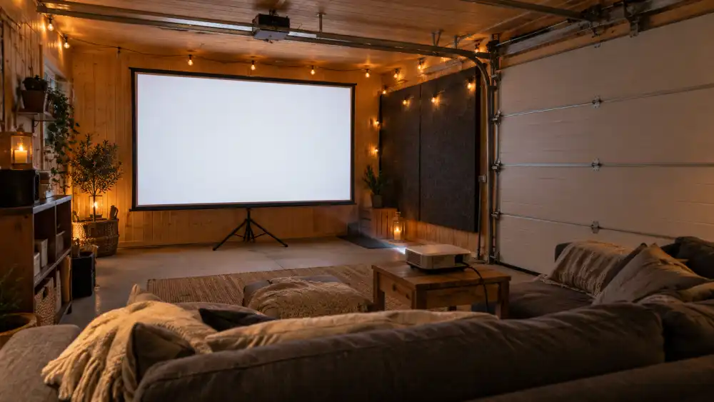 Ombyggt garage som hemmabio med stor vit projektorduk på stativ, en projektor på ett sidobord, grå soffa och akustikpaneler på väggen