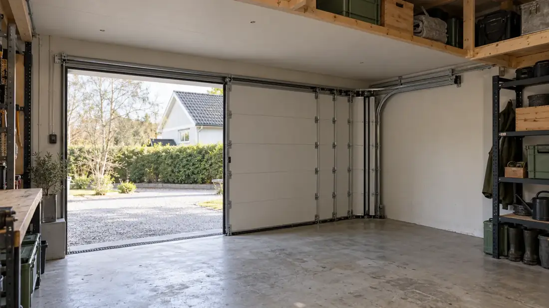 Sidoskjutport som glider längs garagets sidovägg på en böjd skena, utan takskenor och med förvaring uppe i taket
