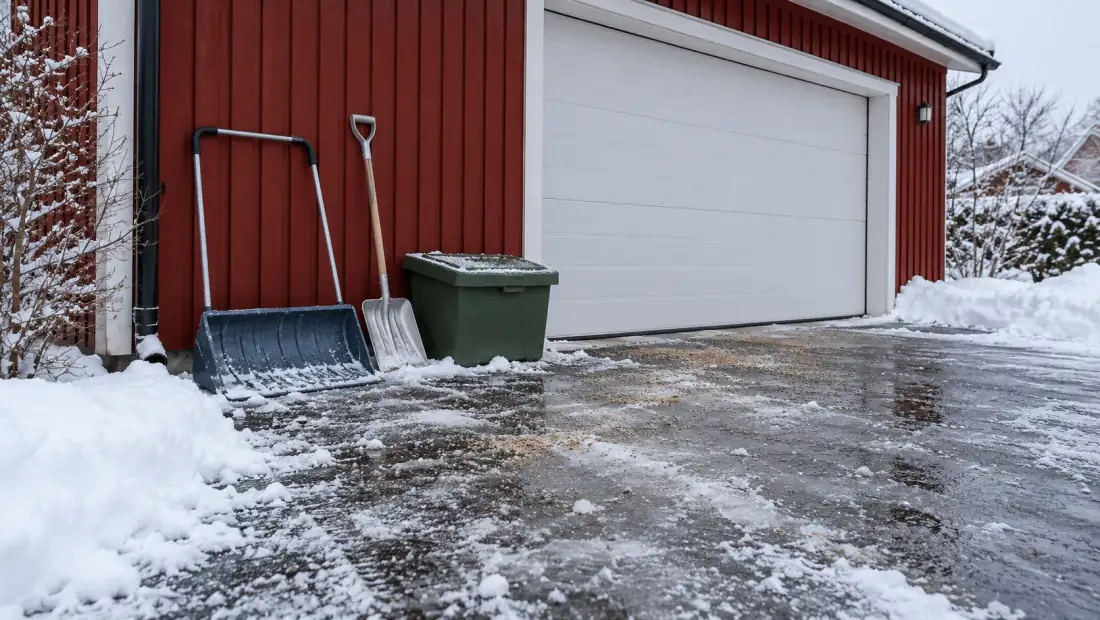 Halvskottad villauppfart framför ett rött garage, med snösläde och snöskyffel lutade mot väggen och sand på isfläckarna