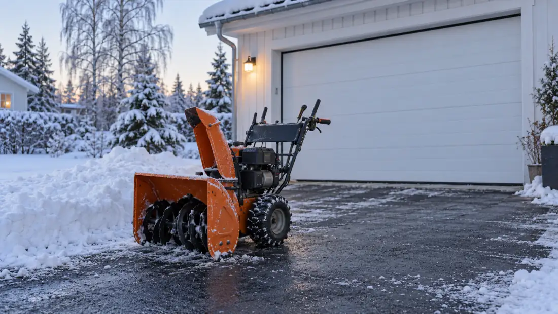 Orange och svart snöslunga på en nyskottad asfaltsuppfart framför en vit garageport, med djup snö vid sidan