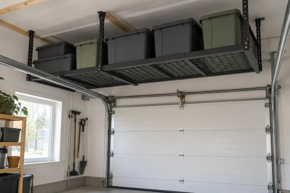 Takhylla i stål i garagetaket med förvaringslådor, monterad fri från takskjutportens skenor