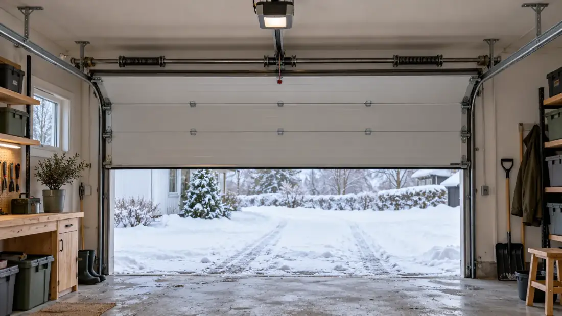 Isolerad takskjutport halvöppen sedd inifrån garaget med takskenor, torsionsfjäder och motor i taket