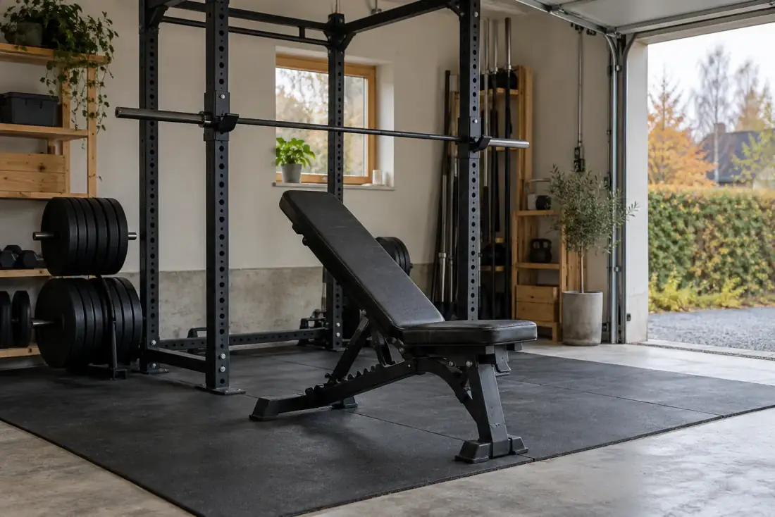 Justerbar träningsbänk i lutande läge framför ett power rack i ett garagegym med gummigolv