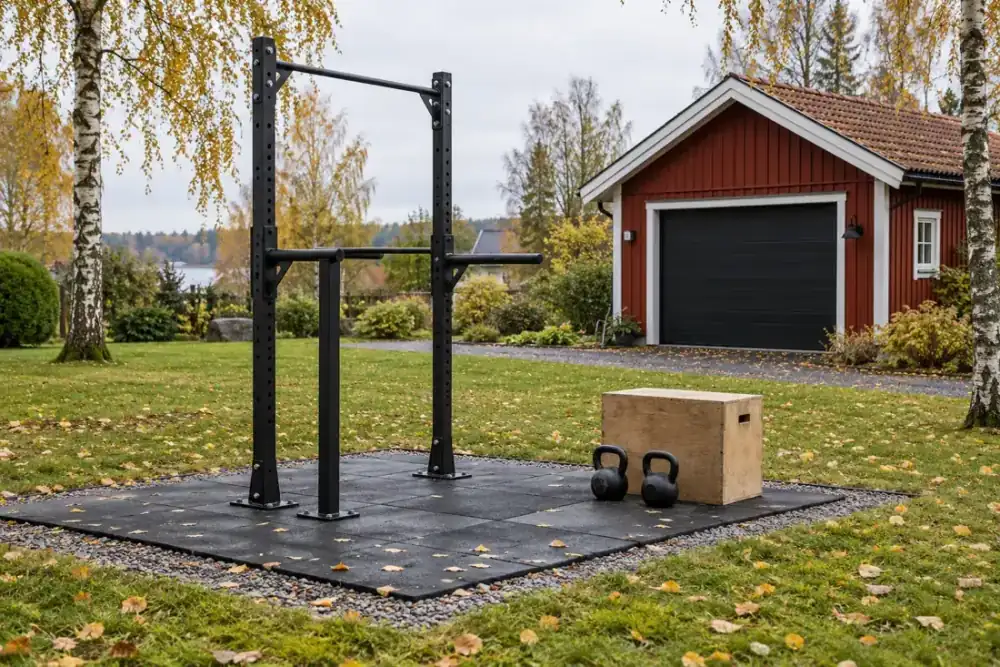 Svart chinsställning på gummiplattor med två kettlebells och en plyobox på en gräsmatta framför ett rött garage