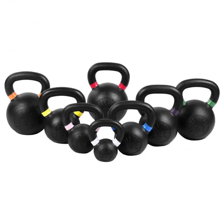 Produktbild: svarta gjutna kettlebells i olika storlekar med färgmarkering