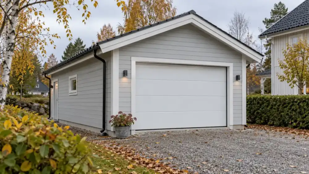 Nybyggt enkelgarage i ljusgrå träpanel med vit takskjutport bredvid en villa i höstljus