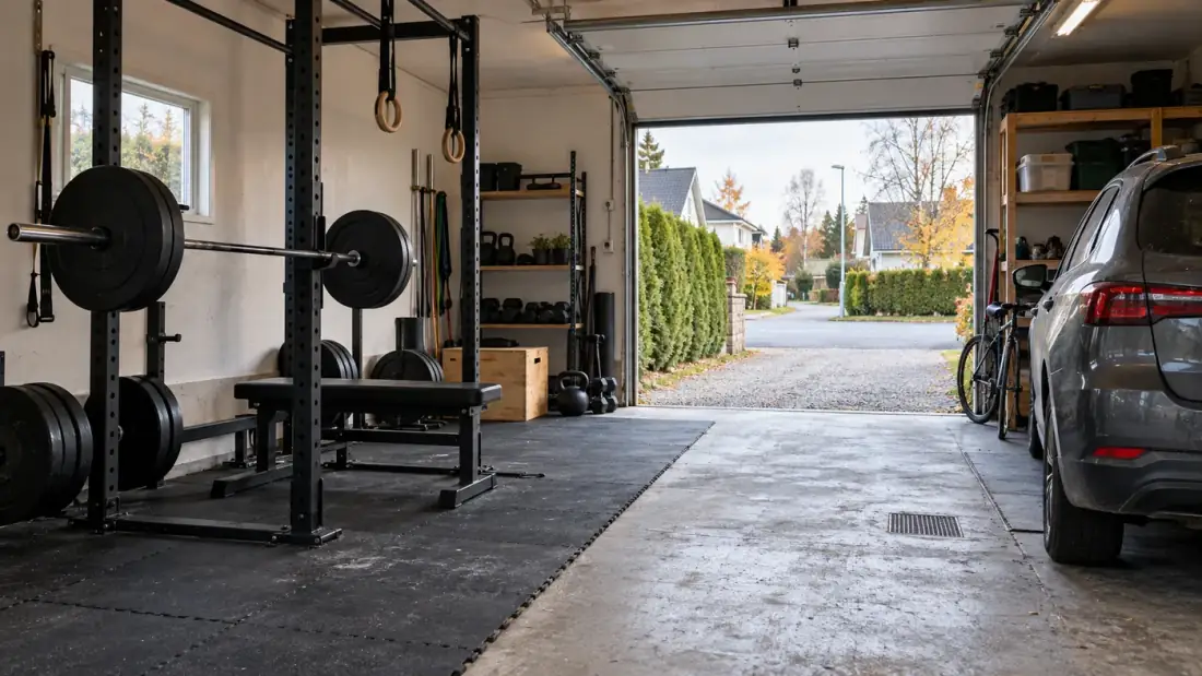 Hemmagym i ena halvan av ett garage med power rack, skivstång, plan bänk och gummiplattor på betonggolvet