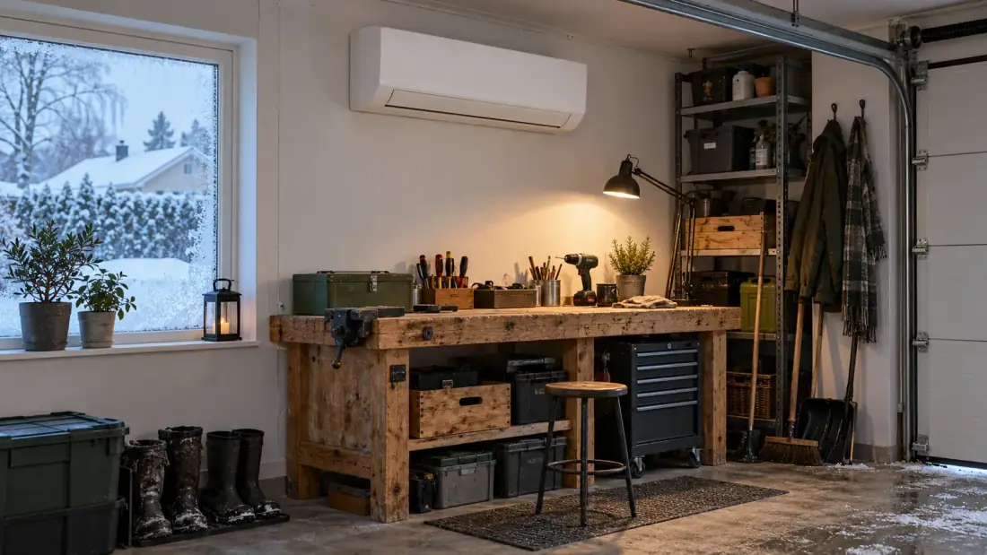 Inomhusdel till en luft-luft-värmepump högt på väggen i ett isolerat garage med arbetsbänk under
