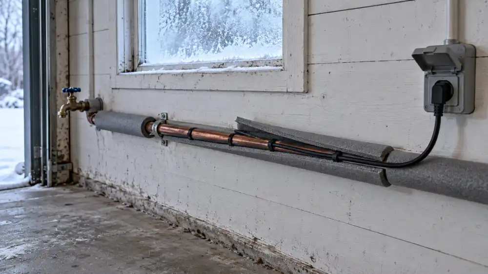 Kopparrör längs en vit trävägg i ett kallt garage med svart värmekabel tejpad längs röret, grå rörisolering och ett utanpåliggande vägguttag