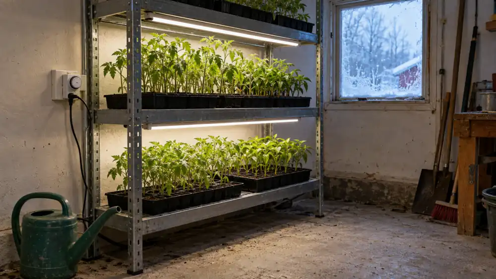 Metallhylla i ett garage med LED-växtbelysning över brätten med små plantor och örter i krukor