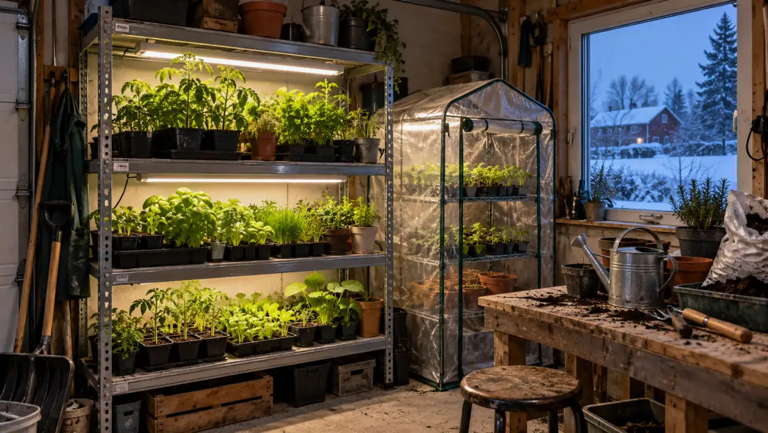 Hylla med plantor och örter under vita växtlampor i ett garage, med ett litet hyllväxthus och snö utanför fönstret