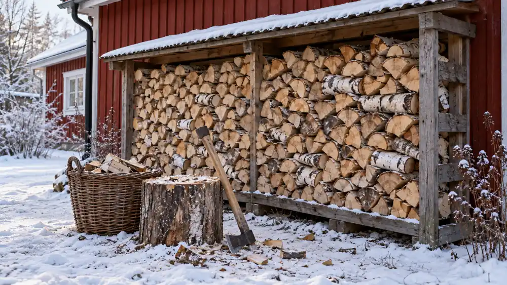 Vedskjul i metall fullt med staplad björkved längs en garagevägg, med snö på marken och en vedkorg vid garagedörren