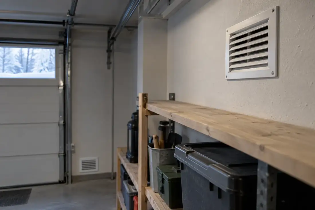 Vitt ventilationsgaller högt upp på garageväggen ovanför en hylla, med ett lågt galler vid golvet bredvid garageporten
