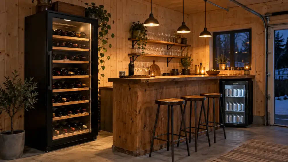 Svart fristående vinkyl med glasdörr och trähyllor fulla av flaskor bredvid en bardisk i trä och en liten ölkyl i ett ombyggt garage