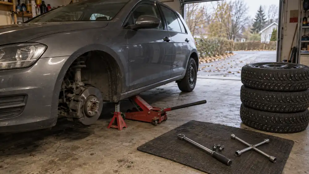 Bil upphissad på garagedomkraft och pallbock i ett villagarage, ett hjul avmonterat, dubbdäck på fälg staplade bredvid och hjulkors på en gummimatta
