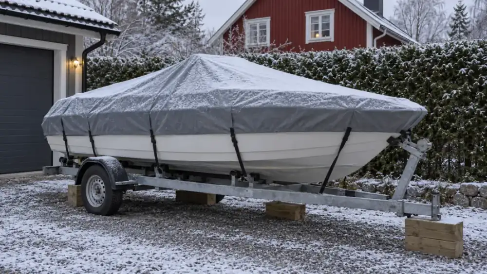 Mindre motorbåt på trailer med grått båtöverdrag och spända remmar, uppställd för vintern på en villauppfart med tunt snötäcke