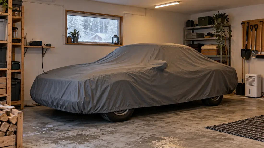 Bil under grått bilöverdrag i ett städat garage, med batteriladdare på hyllan och avfuktare på golvet