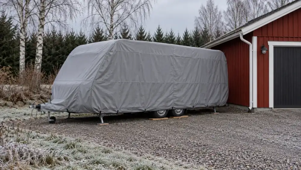 Husvagn under grått överdrag på en grusad uppställningsplats vid ett rött garage, frost på gräset och kala björkar i bakgrunden